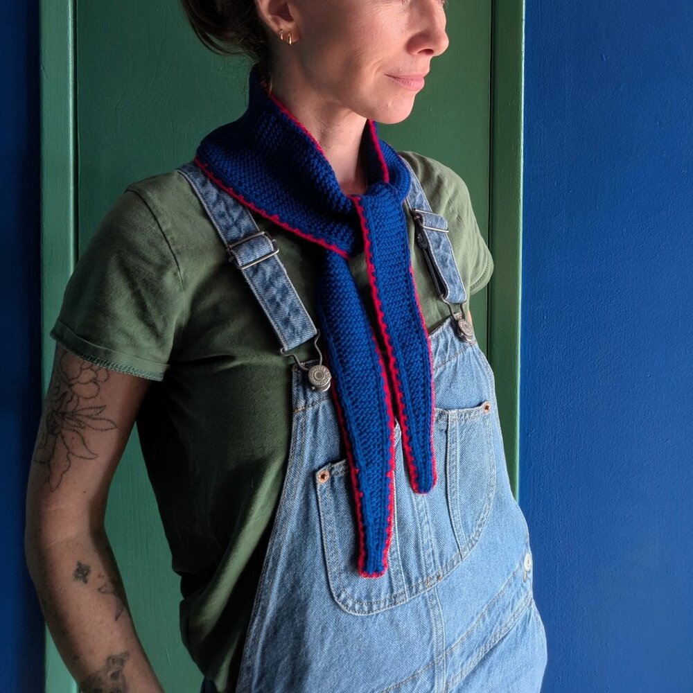 Handmade PetiteKnit Sophie Skinny Scarf Crimson & Cobalt Blue | Scandi Cool Girl - Picture 9 of 15